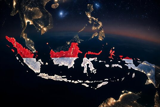 Indonesia Flag Waving Over Dark Map Silhouette with Festive Light