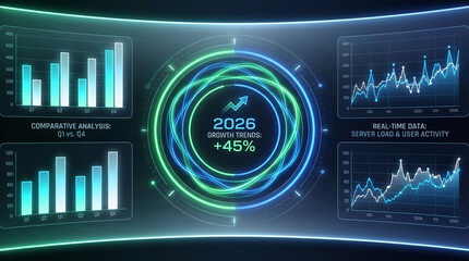 Tech image with charts showing data analysis and a growth trend arrow, representing growth and business intelligence, perfect for data visualization