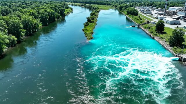 Industrial wastewater discharges into a natural river. Bright turquoise effluent mixes with dark green water creating foam. Environmental pollution concept.