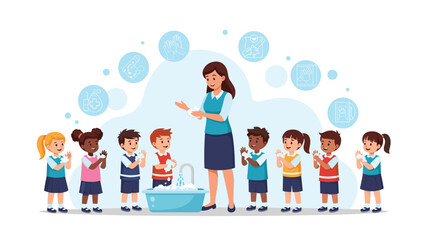 Fototapeta premium Preschool teacher demonstrates proper handwashing techniques to a diverse group of young children in a clean and safe learning environment.