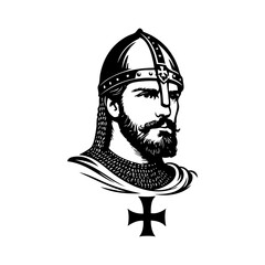 Logo guerrero cruzado medieval con armadura de cota de malla. Icono con caballero cristiano con casco y cruz en el pecho  © teracreonte