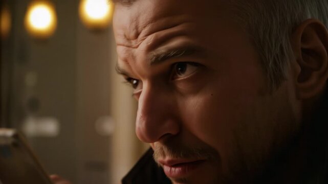 Reacting to screen, man bringing phone close, inspecting and squinting in dressing room dark jacket