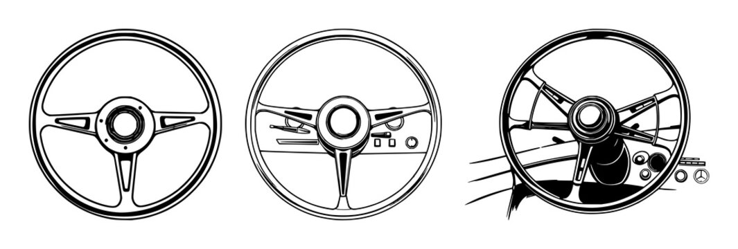 Steering wheel set with black line art design featuring vintage automobile, car interior, steering wheel with classic design and automotive illustration
