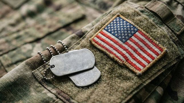 US military uniform with flag patch and dog tags on camouflage background