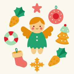 Fototapeta premium A female ginger haired angel in a green dress is surrounded by festive symbols including a stocking bauble and carrots on a cream background.
