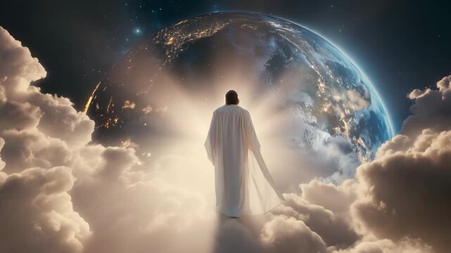 Jesus Christ Standing Before the Earth in Heavenly Light. Symbolizing Final Judgment