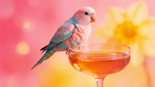 Colorful parrot bird perching on a beverage glass, suitable for pet content, animal themes, spring season, celebration designs, and decorative elements.