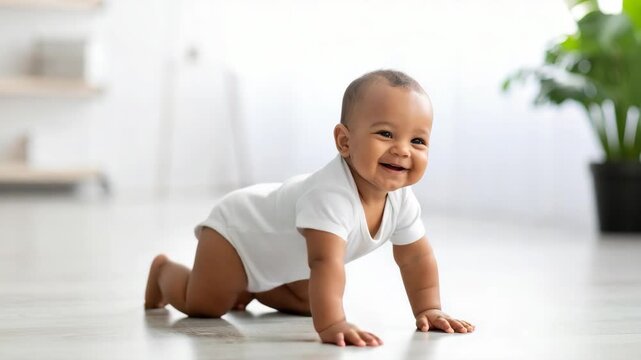 Happy baby boy in white onesie crawling on wooden floor indoors with bright natural light