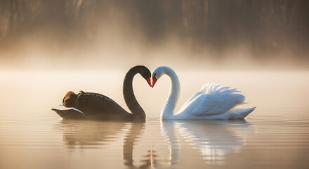 Fototapeta premium Romantic swans form heart shape on serene lake at sunrise