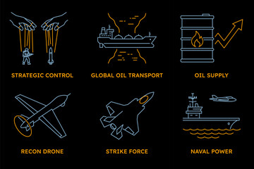 Obraz premium Geopolitical conflict and global oil crisis concept. Neon line icons of military power, drone strikes, proxy wars, and the impact on energy supply chains.