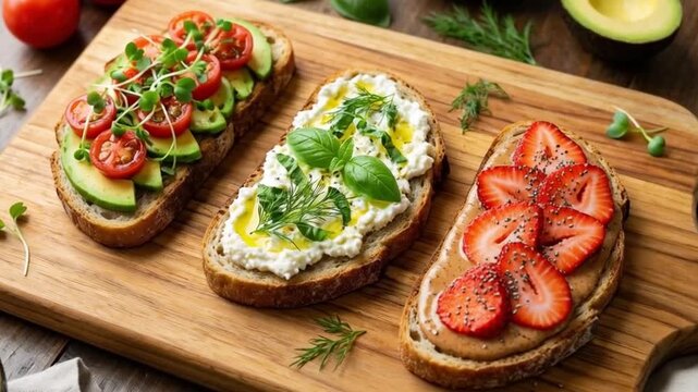 Trio of Artisanal Toasts on a Wooden Serving Board with Avocado, Cottage Cheese, and Nut Butter Toppings