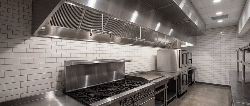 Industrial kitchen vent hood and gas range in a commercial food preparation area