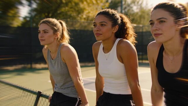 Three female tennis players leaning on chain-link fence, watching off-frame play, adjusting rackets
