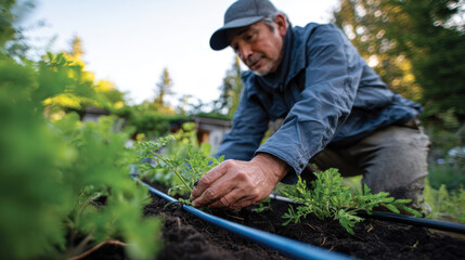 A dedicated gardener carefully checks and maintains young plants in an outdoor garden, conveying a sense of nurturing, growth, and connection with nature in this serene environment.