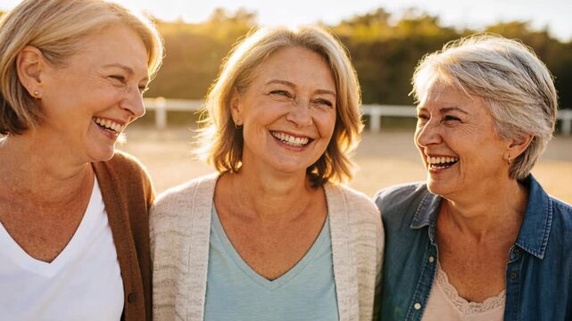 Three senior women laughing at joke by fence, with animated sun rays tracing rim light, health