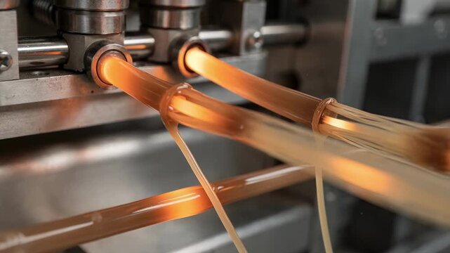 Medium shot of twin polymer streams extruding simultaneously to create sheathcore bicomponent fibers showcasing the layered structure for enhanced strength and texture effects.