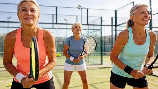 Lifting rackets from low stance, three senior women on sunny court in tanks practicing volley