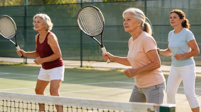 On cue, center woman guiding two partners stepping and swinging rackets for volley drill