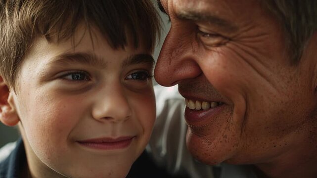 Leaning father in light shirt whispering and nuzzling son in dark top at home, showing affection