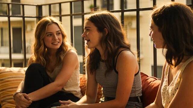 Three friends sitting on balcony, center friend starting joke, lifestyle laughter bubbles appearing