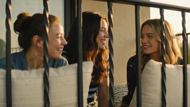 Center woman starting conversation by sharing memory on balcony, three women leaning, laughing