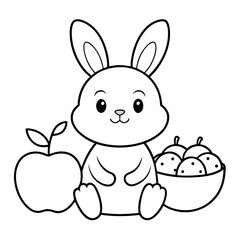Obraz premium A line art drawing of a small white cartoon rabbit with a pink nose sitting between a large apple and a bowl of fruit.
