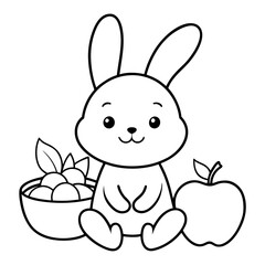 Obraz premium A black and white line art illustration shows a small cartoon bunny sitting on the ground flanked by a bowl of fruit and an apple.
