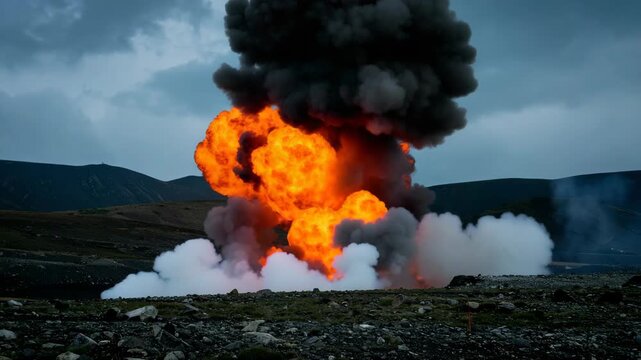Massive explosion erupts with bright orange fireballs and dark smoke over rocky terrain