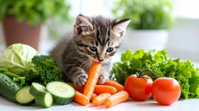 Adorable tabby kitten with blue eyes curiously nibbling on a fresh carrot surrounded by vibrant vegetables