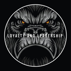 Fierce gorilla face illustration, symbolizing strength, loyalty, leadership © Joy