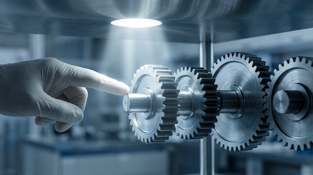 Gloved hand inspecting metal gear mechanism in bright clean laboratory setting