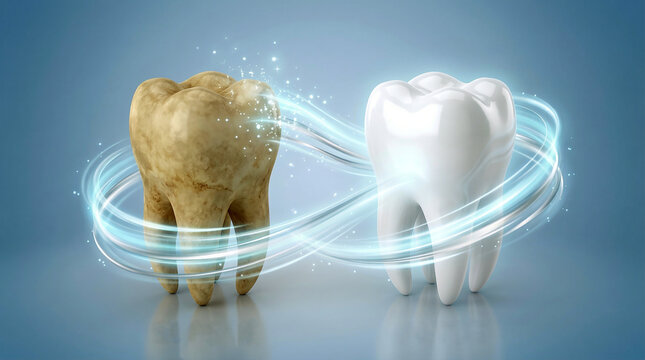 Dirty yellow tooth transforming into clean white tooth with glowing magic light