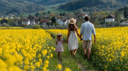 Fototapeta premium Family enjoying quality time together in vibrant yellow flower field