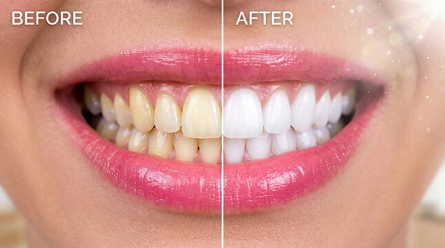Before and after comparison of yellow dirty tooth becoming clean white tooth