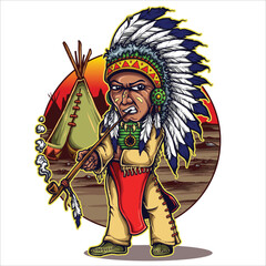 Native american chief illustration, smoking pipe with teepee in background © Joy