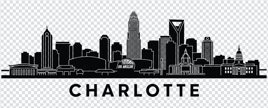 Black and white cityscape of charlotte with various skyscrapers and buildings