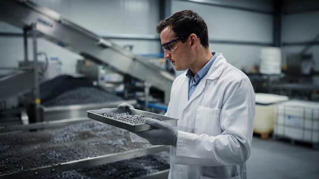 Technician inspecting recycled metal pellets derived from steel slag emphasizing quality control in sustainable pigment production from recovered raw materials.