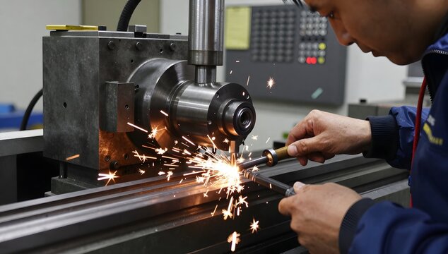 Worker carefully grinds a metal piece using a precision grinding machine with sparks flying