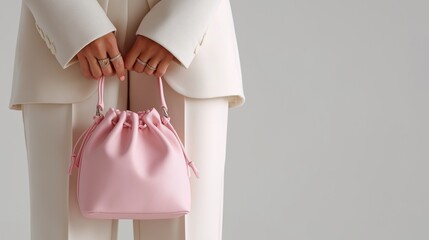Elegant woman holds soft pink handbag with gentle hands © Gulnaz