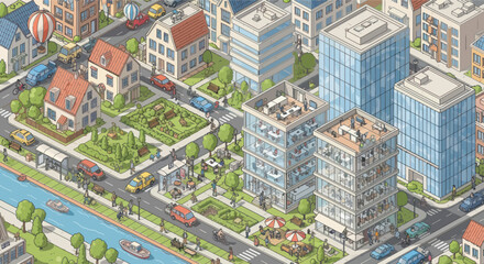 Fototapeta premium Isometric Cityscape with Buildings, Cars, River, and Hot Air Balloon