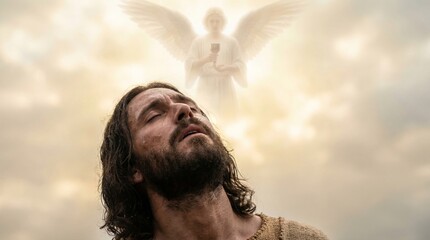 Naklejka premium Jesus Christ praying in garden with angel holding chalice. Biblical scene of agony in Gethsemane. Religious concept of faith, divine sacrifice and spiritual devotion for Christianity.