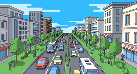 Busy City Street with Cars, Buses, and Buildings - Cartoon Style © Andry