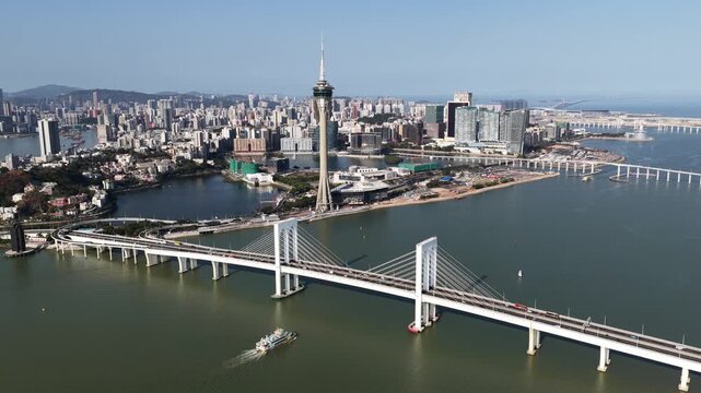 Macau tower and sai van bridge aerial view