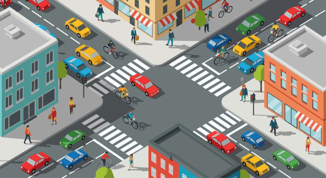 Busy City Intersection with Traffic, Cyclists, and Pedestrians - Isometric View