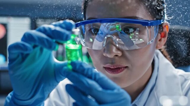 Scientist looking at a small luminous vial in a modern laboratory, blue and green reflections on safety glasses, illuminated dust particles in the air, blurred equipment in the background.