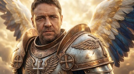 Naklejka premium Angel warrior in ancient armor with wings against golden clouds. Divine male protector of faith and religion. Symbol of heavenly power, spiritual strength and christianity. Dramatic portrait.
