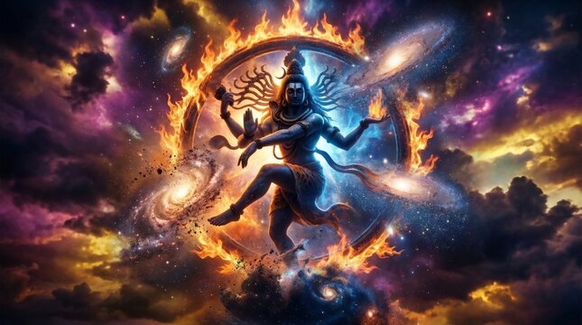 Lord Shiva performing cosmic dance inside ring of fire. Hindu deity Nataraja creating universe within nebula and galaxy. Spiritual representation of creation and destruction of world.