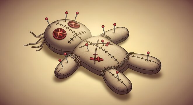 Voodoo Doll with Pins and Stitches on a Light Background, Dark Magic and Occult Rituals.