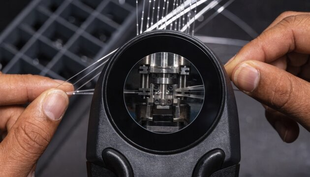 Closeup on fiber fusion splicer screen displaying alignment process as hands adjust glass fibers with an outoffocus indoor splice tray in the background.