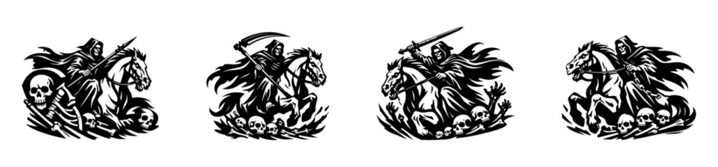 Naklejka premium Grim reaper on horseback black and white illustration set of four designs